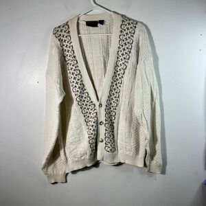 Mens Vintage Hunting Horn V Neck Button Knit Cardigan Geometric Cream Brown XL